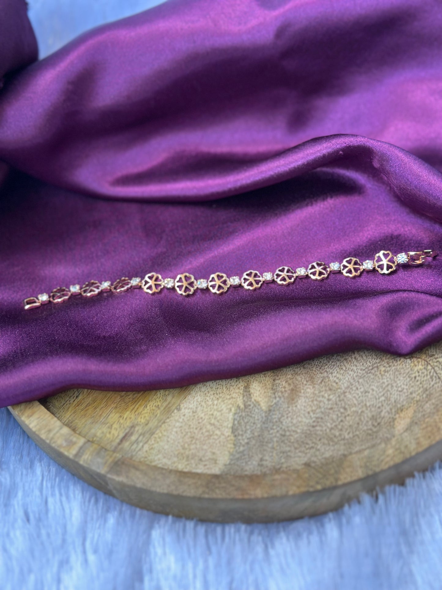 Gold Plated Clover Flower Bracelet with White Stones