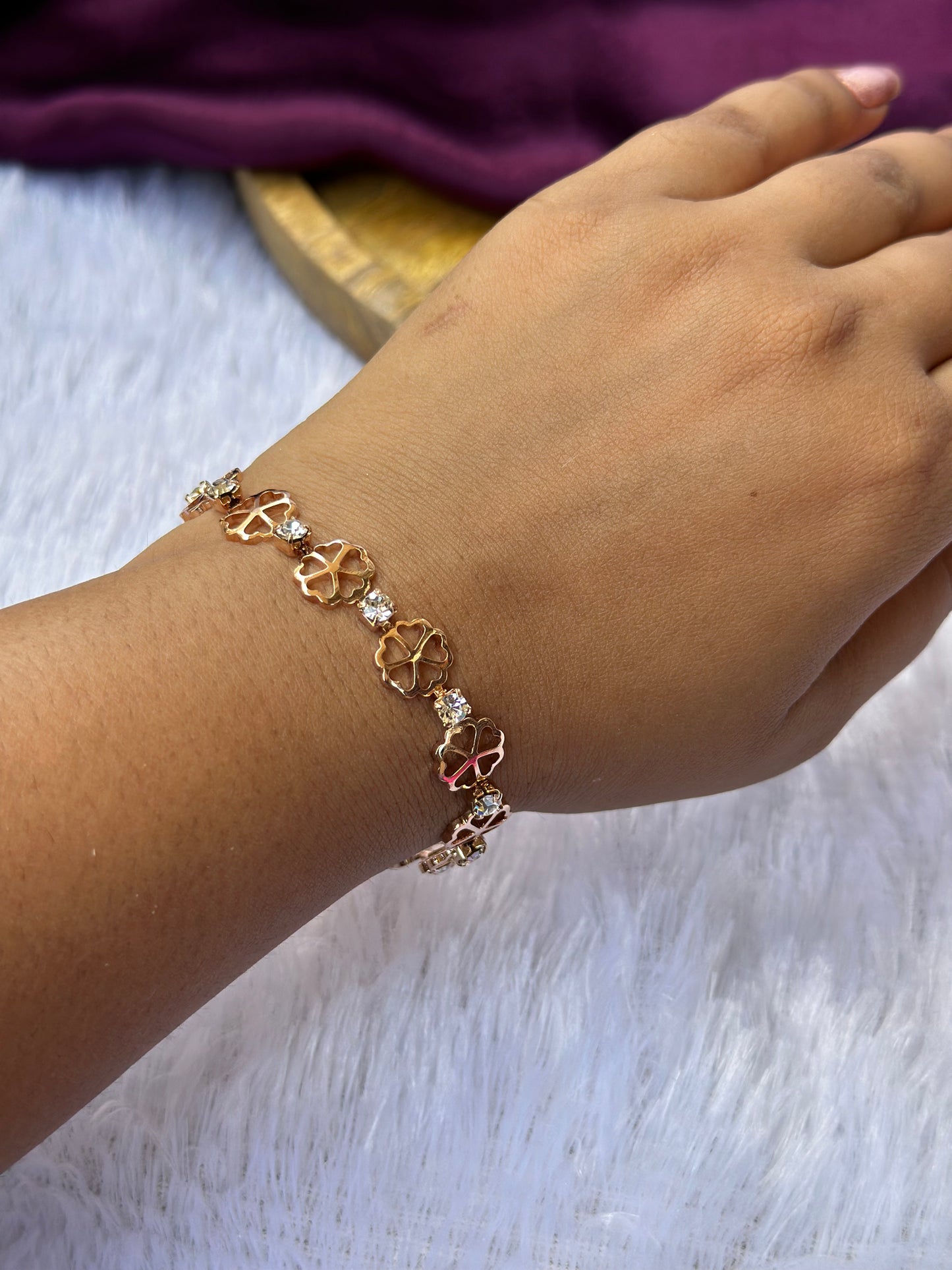Gold Plated Clover Flower Bracelet with White Stones