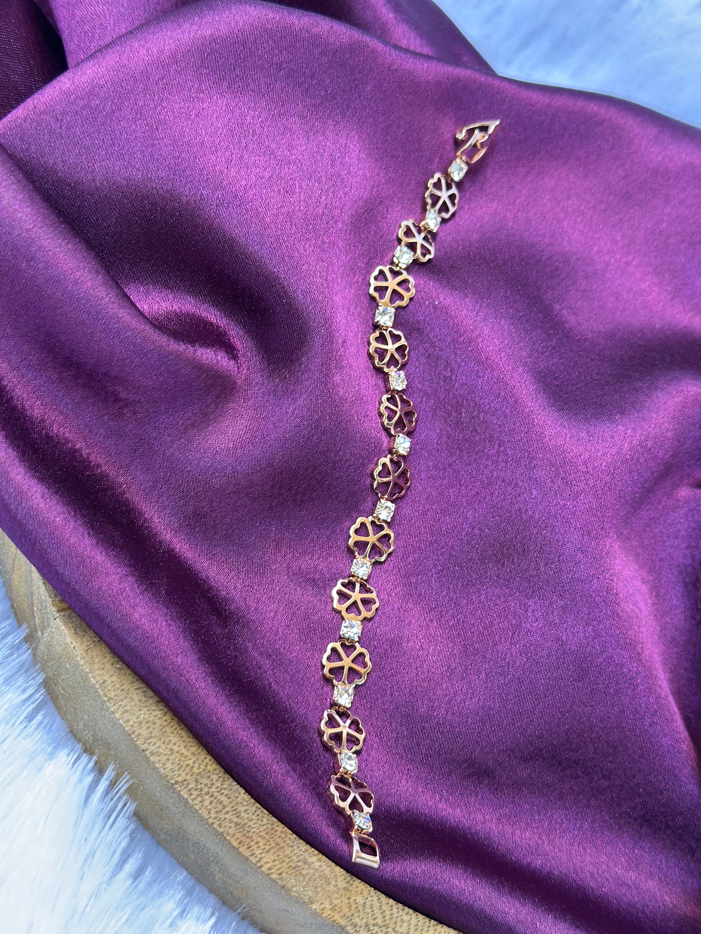 Gold Plated Clover Flower Bracelet with White Stones