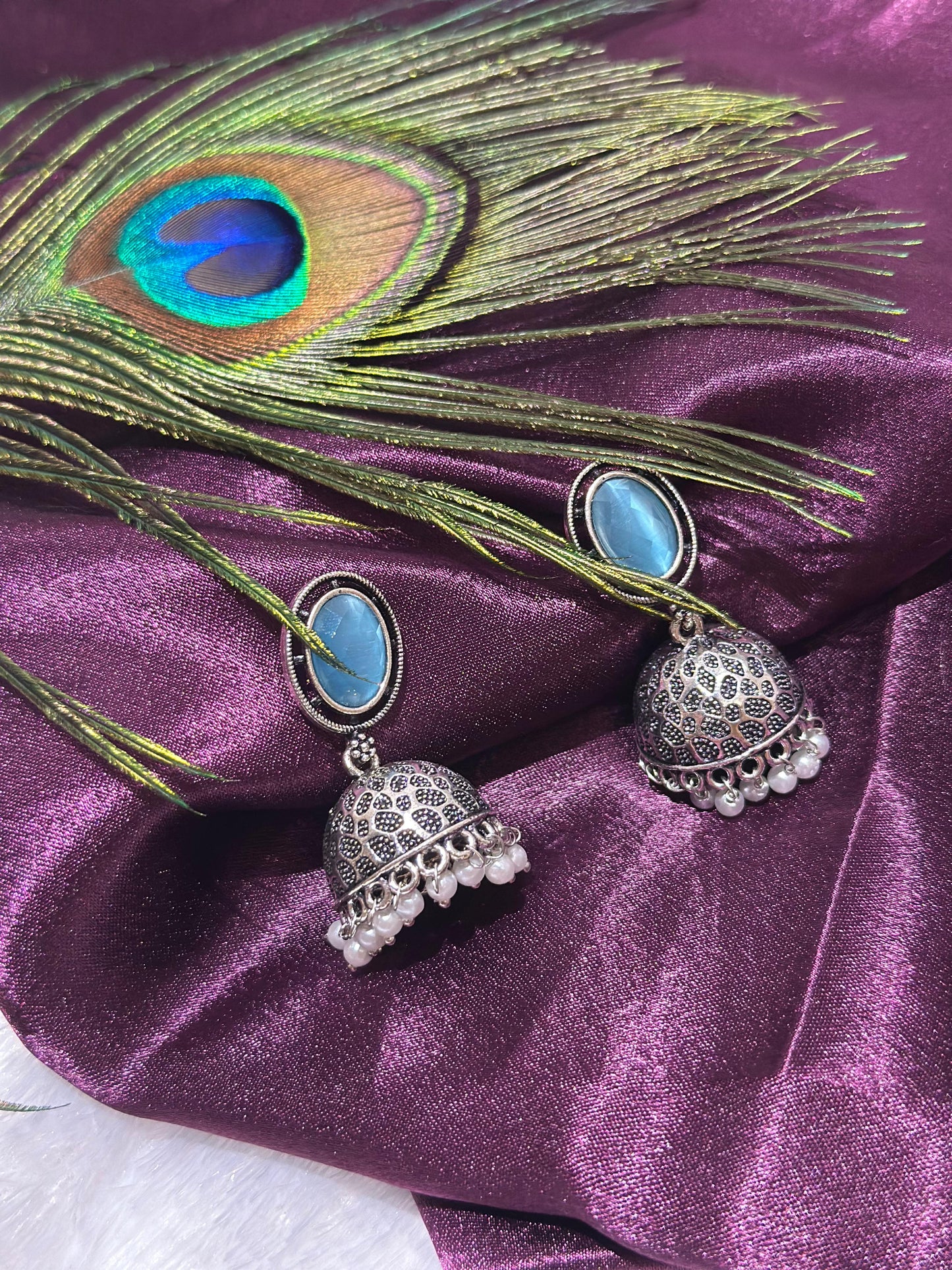 Blue Stone Silver Oxidised Jhumka Earrings