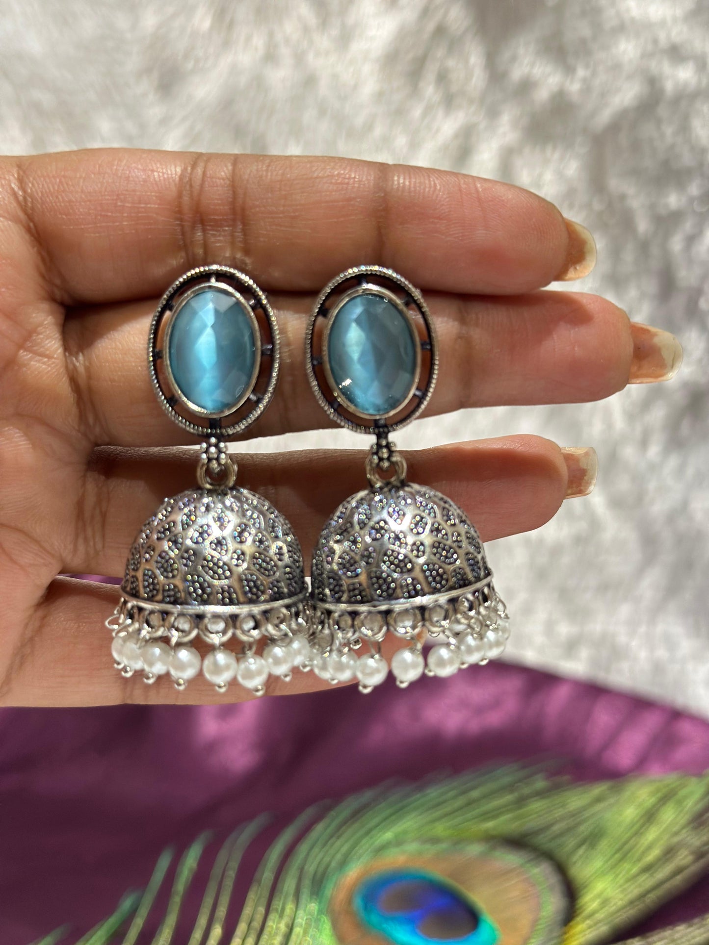 Blue Stone Silver Oxidised Jhumka Earrings