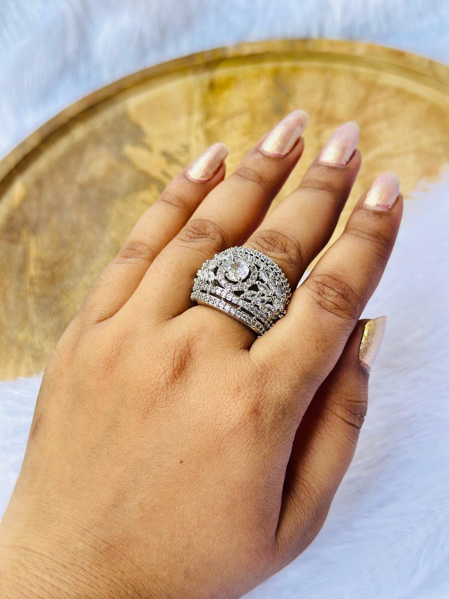 Luxury Silver Plated Crystal Cocktail Ring
