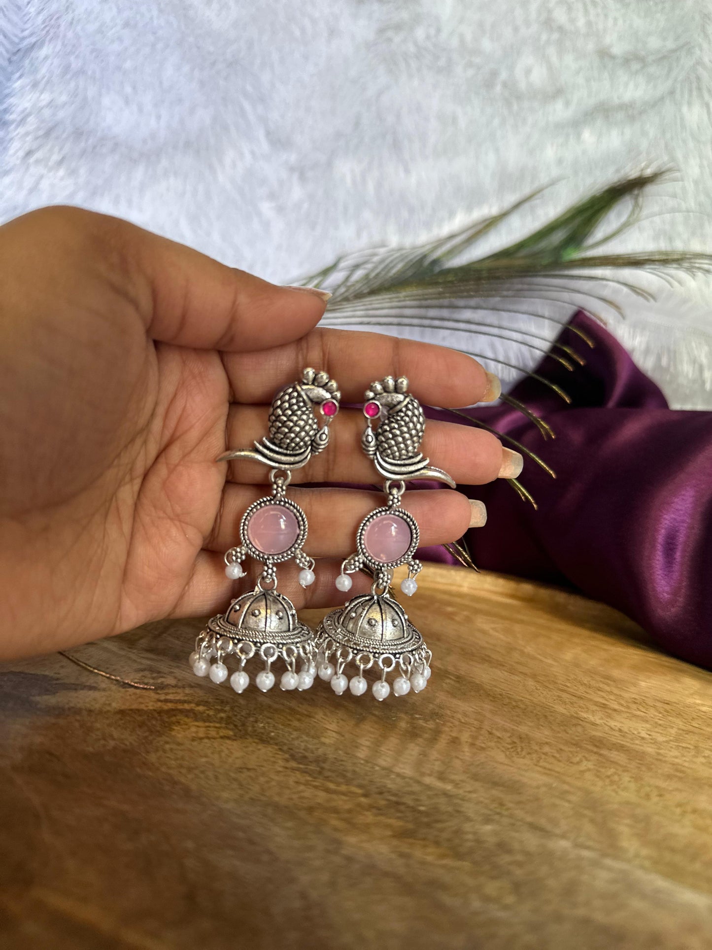 Antique Silver Peacock Pink Stone Jhumka Earrings