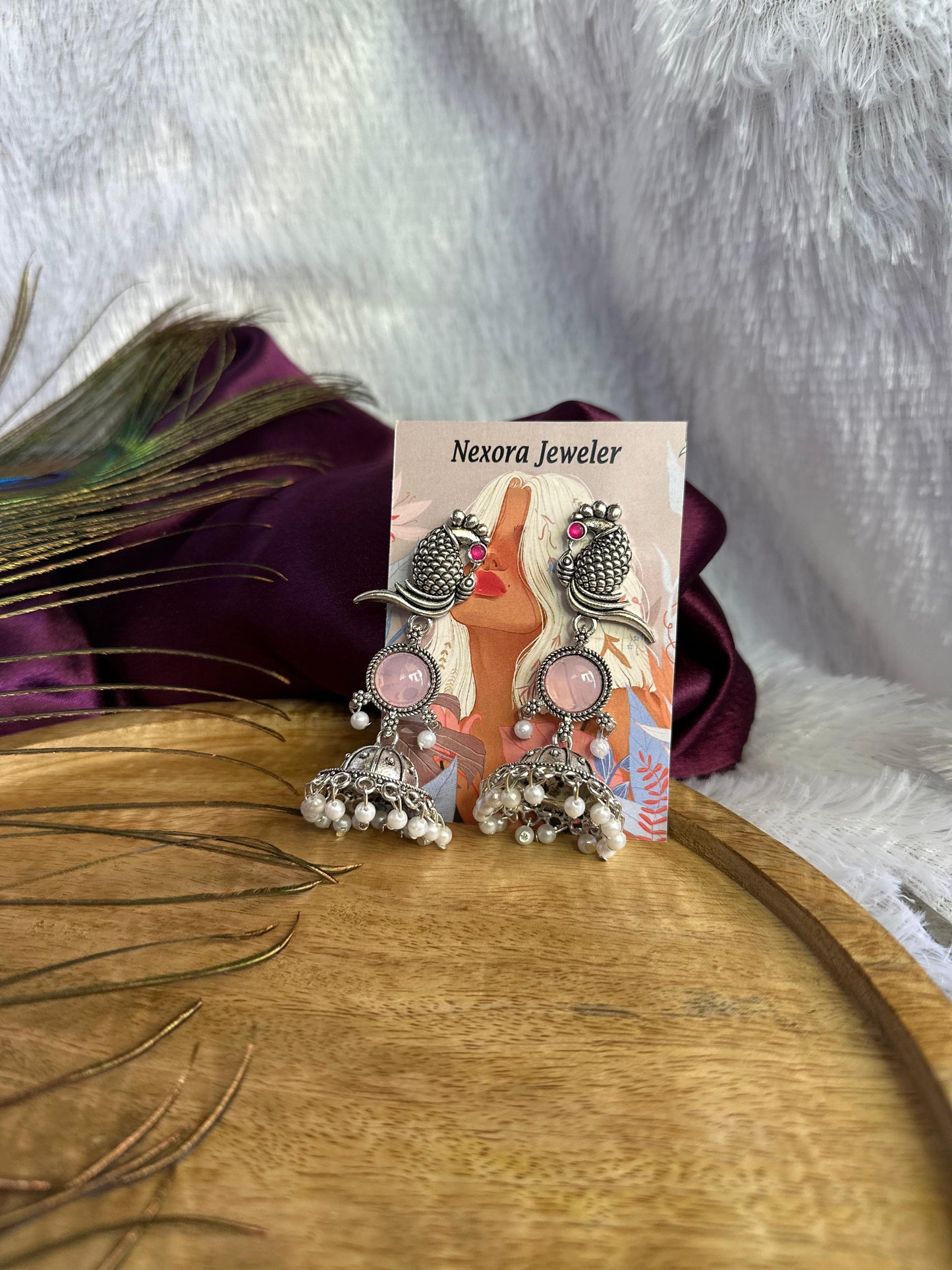 Antique Silver Peacock Pink Stone Jhumka Earrings