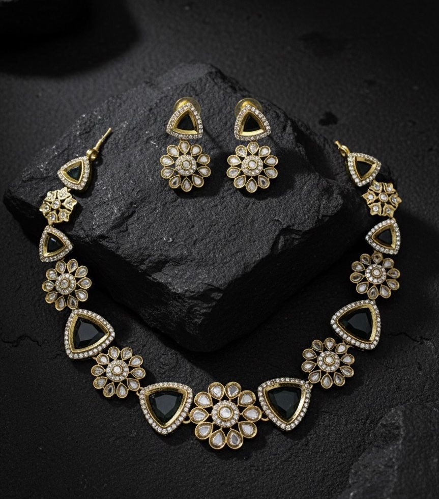 Emerald Blossom Gold-Plated Necklace & Earring Set