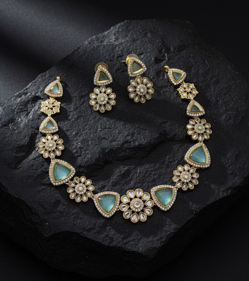 Emerald Blossom Gold-Plated Necklace & Earring Set