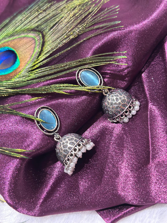 Blue Stone Silver Oxidised Jhumka Earrings