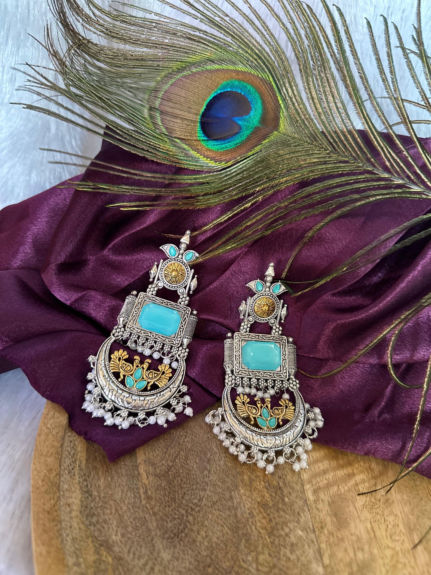 Royal Peacock Inspired Oxidised Chandbalis Earrings
