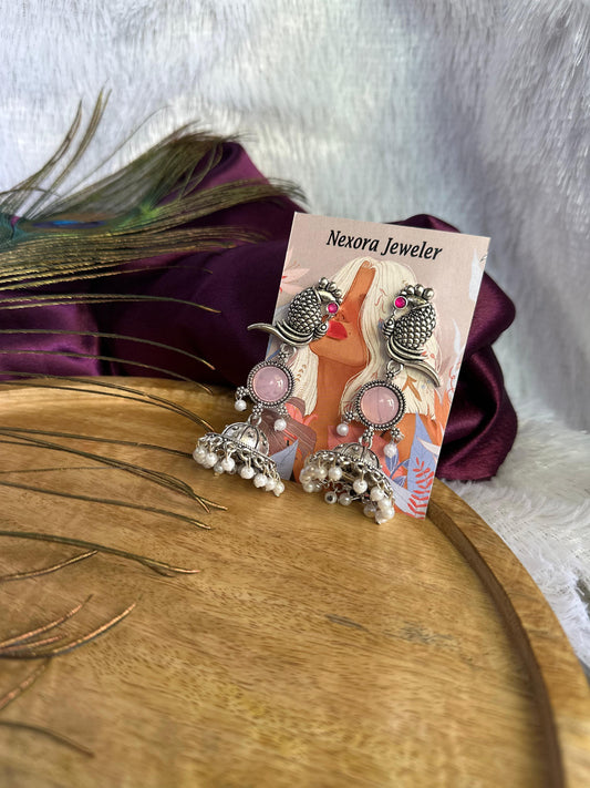 Antique Silver Peacock Pink Stone Jhumka Earrings