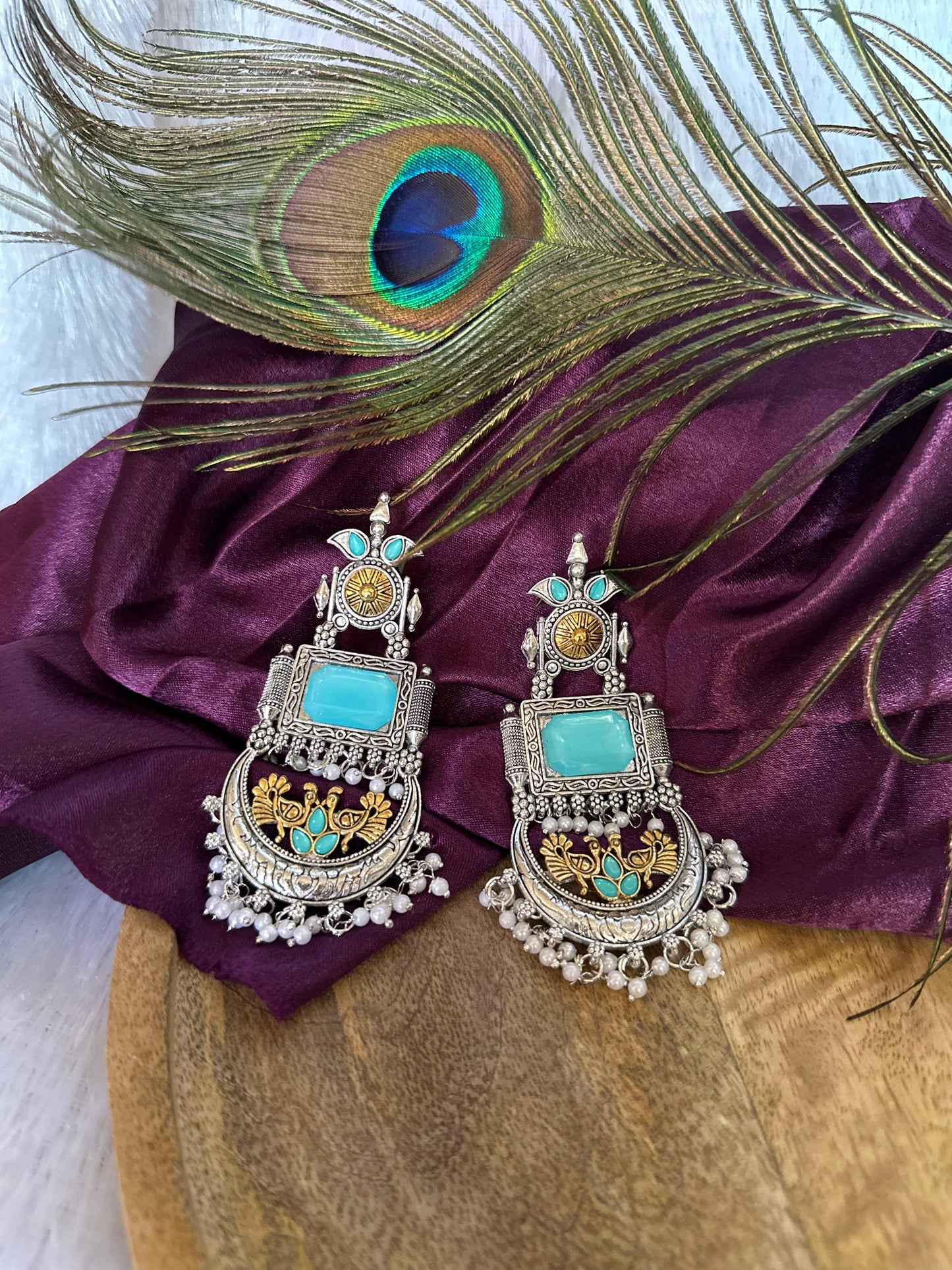 Royal Peacock Inspired Oxidised Chandbalis Earrings
