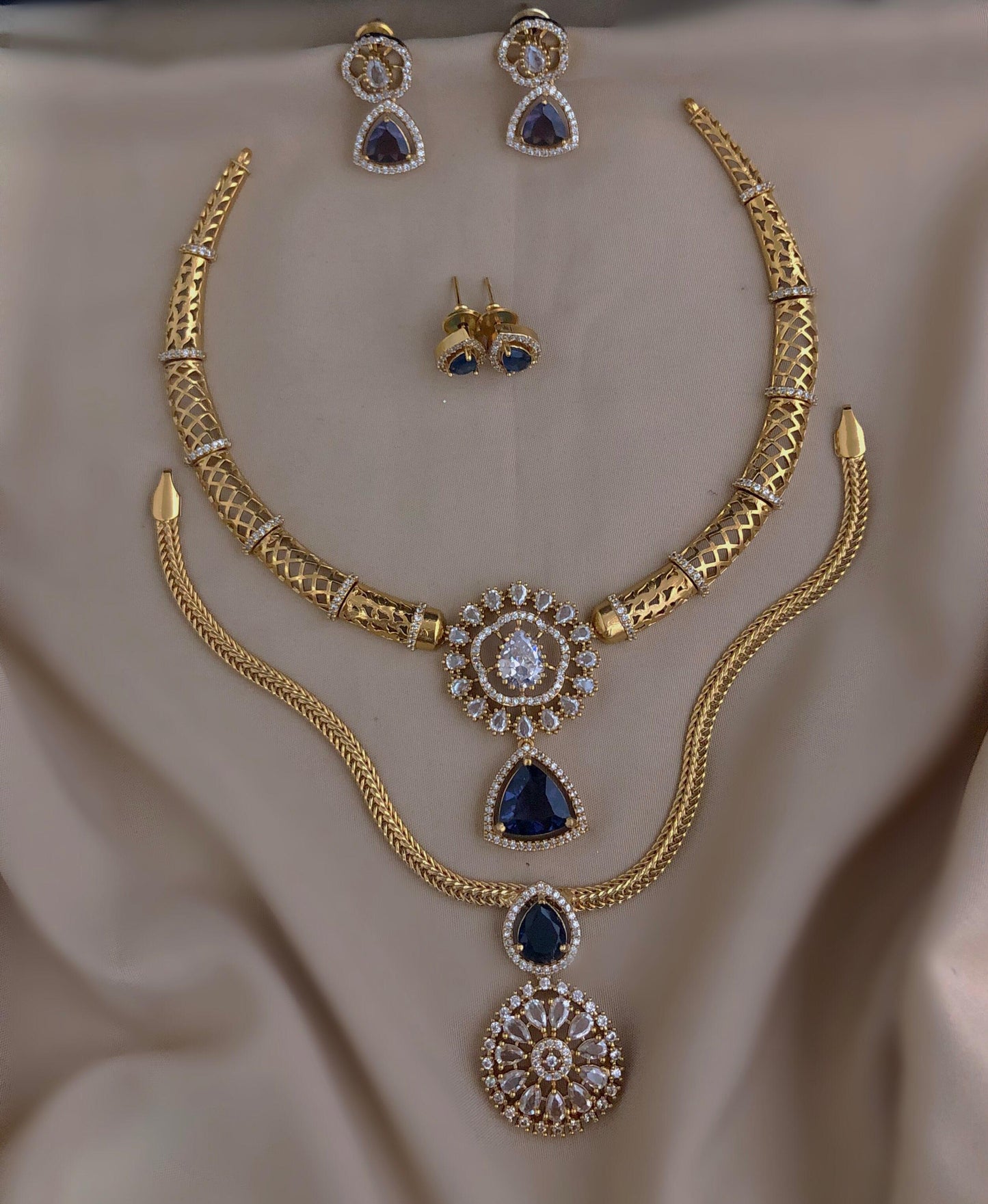 Royal Blue Sapphire Gold-Plated Bridal Necklace Set